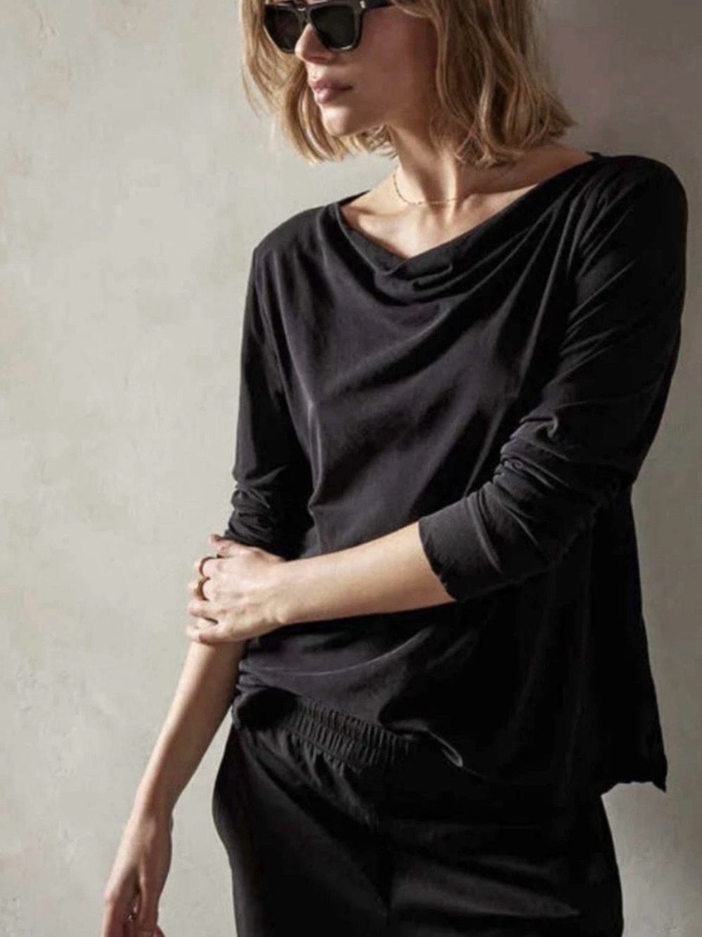 James Perse Black Cowl Neck Draped Top Minimalist Luxury Size L NWT